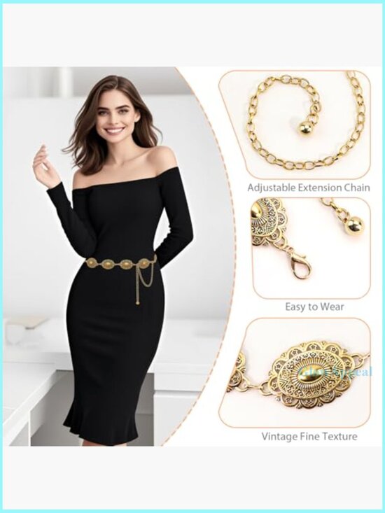 Adjustable Western Concho Chain Belt Metal Alloy Vintage Boho Style - Picture 3 of 7